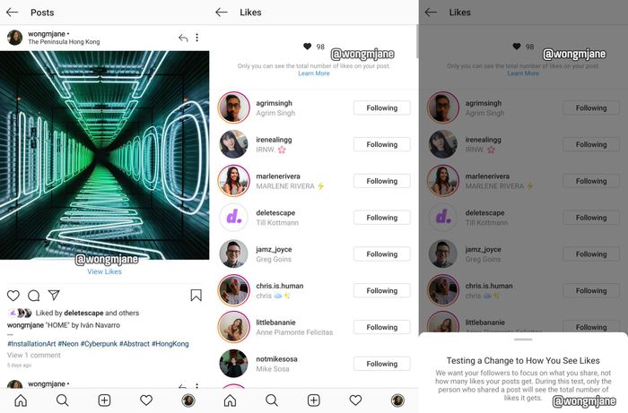 Screenshoot fitur 'tersembunyi' Instagram, terlihat tidak ada lagi jumlah likes yang diraih sebuah postingan.