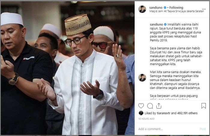 Sandiaga Uno melakukan salat gaib untuk anggota KPPS yang meninggal dunia dalam Pemilu 2019