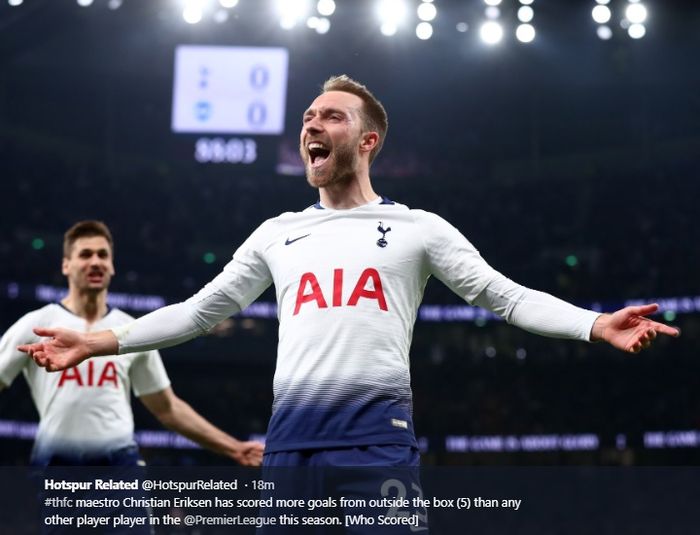 Christian Eriksen merayakan gol ke gawang Brighton &amp; Hove di Tottenham Hotspur Stadium