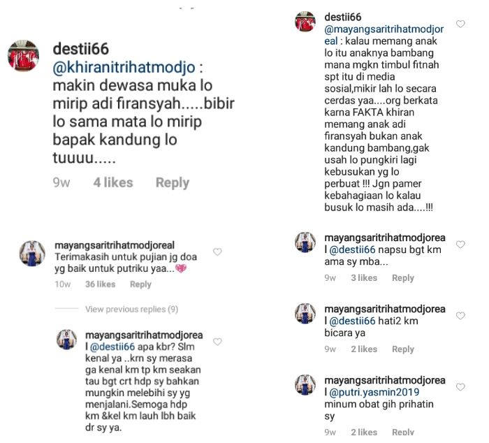 Balasan komentar Mayangsari pada warganet yang menyerang Khirani di Instagram.