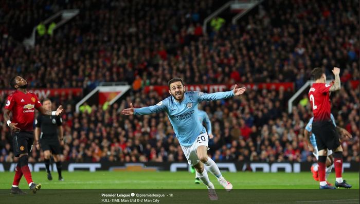 Penyerang Manchester City, Bernardo Silva, merayakan gol yang dicetak ke gawang Manchester United dalam laga Liga Inggris di Stadion Old Trafford, Rabu (24/4/2019).