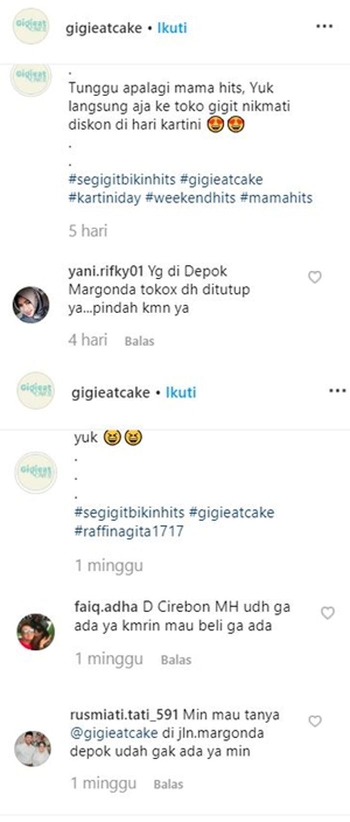 Tangkapan layar komentar pelanggan toko kue milik Nagita Slavina.