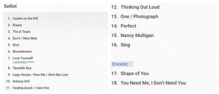 Daftar lagu yang dibawakan Ed Sheeran saat konser.