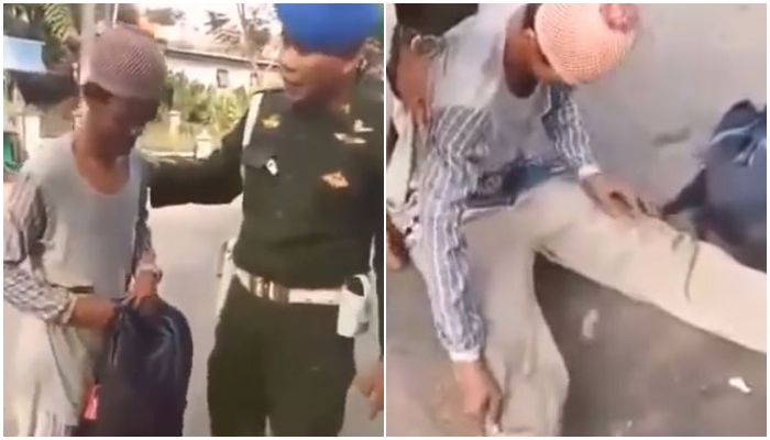 Para petugas TNI dan PM menciduk seorang pengemis yang berpura - pura tak memiliki sebelah kaki saat mengemis.