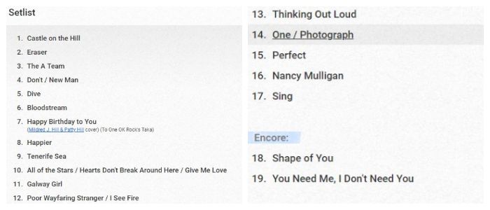 Lagu yang dibawakan Ed Sheeran saat konser.