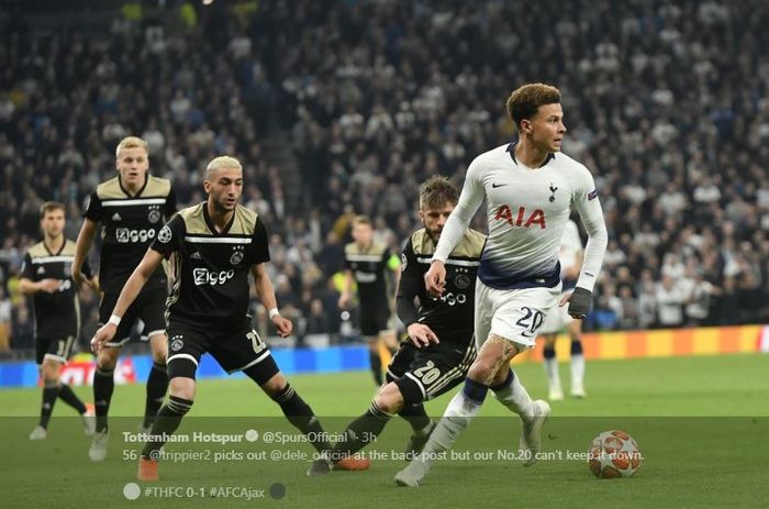 Gelandang Tottenham Hotspur, Dele Alli, menggiring bola pada leg I semifinal Liga Champions kontra Ajax Amsterdam di Tottenham Hotspur Stadium, 30 April 2019.