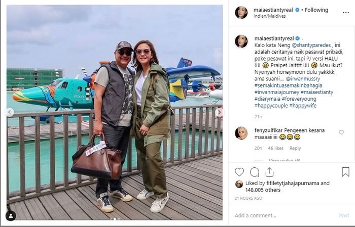 Maia Estianty dan Irwan Mussry bulan madu di Maldives.