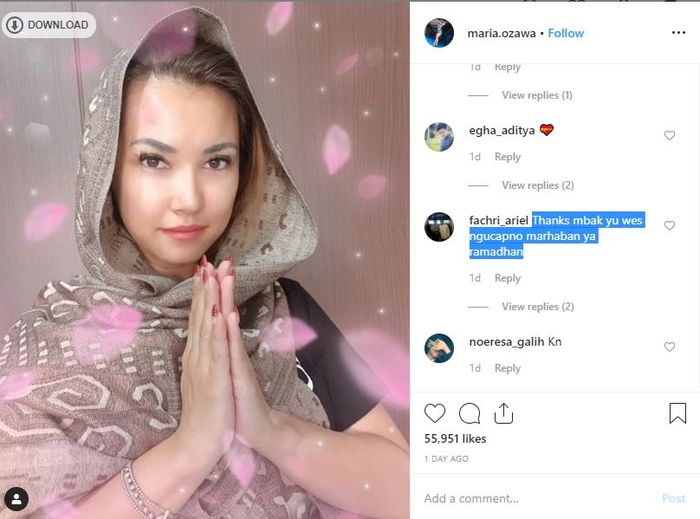 Tangkap layar postingan Maria Ozawa.