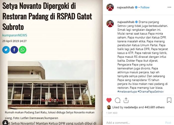 Najwa Shihab beri sindiran keras pada Setya Novanto yang kepergok ada di rumah makan Padang
