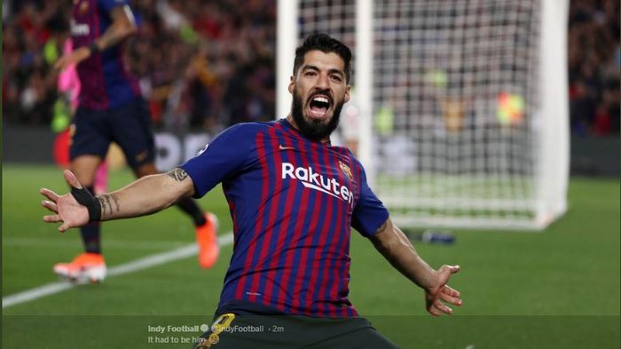 Striker FC Barcelona, Luis Suarez, mencetak gol dalam laga leg pertama semifinal Liga Champions kontra Liverpool FC di Stadion Camp Nou, 1 Mei 2019.