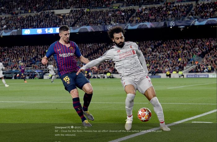 Duel antara Mohamed Salah dan Clement Lenglet dalam laga Barcelona versus Liverpool di Camp Nou, Rabu (1/5/2019)