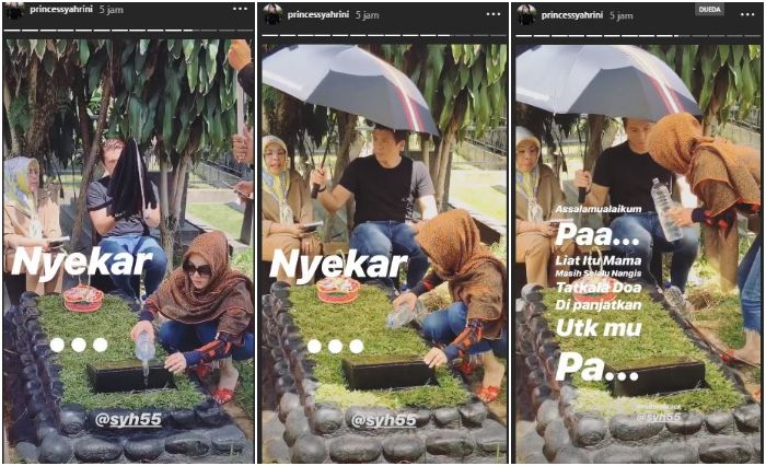 Reino Barack setia memayungi sang ibu mertua saat ikut berziarah ke makam ayah <a href='https://jakarta.tribunnews.com/tag/syahrini' title='Syahrini'>Syahrini</a>.