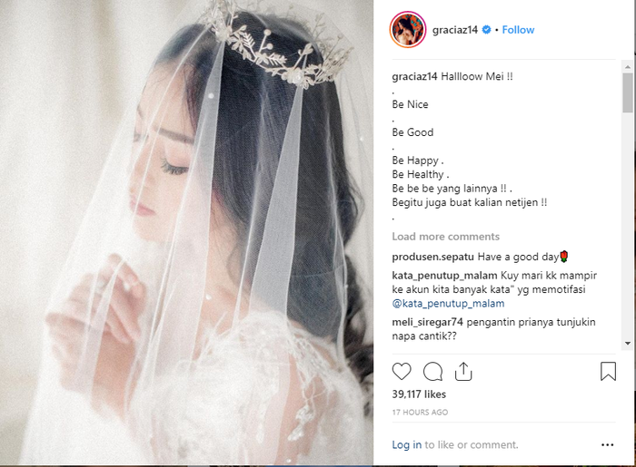 Unggahan Gracia Indri memakai gaun pengantin mendapat banyak doa dari netizen.