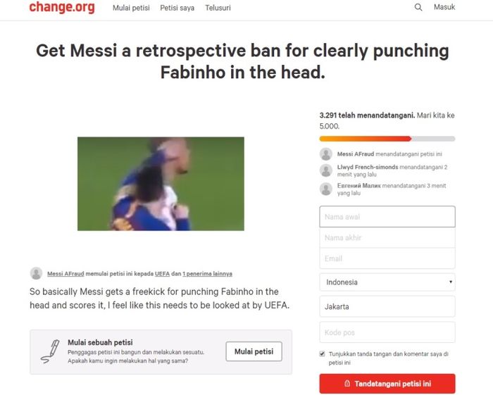 Petisi yang meminta agar Lionel Messi diskorsing untuk laga kedua melawan Liverpool pada leg kedua semifinal Liga Champions.