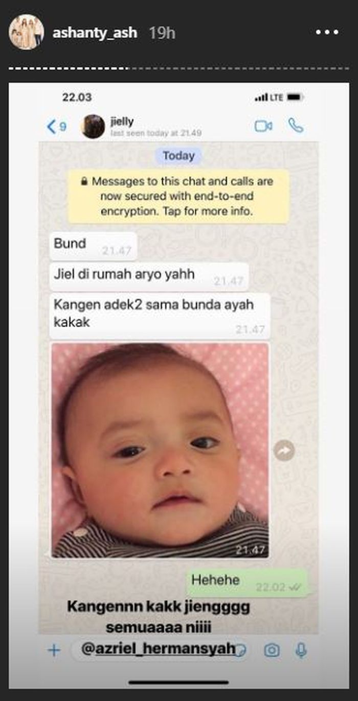 Pesan manis Azriel Hermansyah untuk Ashanty dan keluarganya. (Instagram @ashanty_ash)
