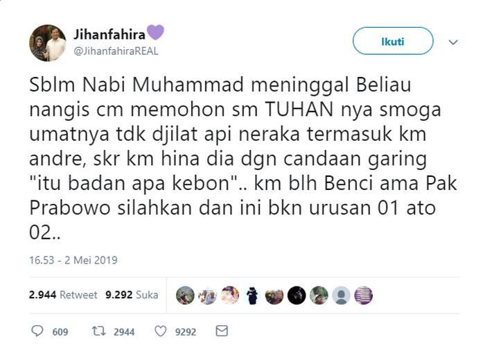 Jihan Fahira geram dengan Andre Taulany.
