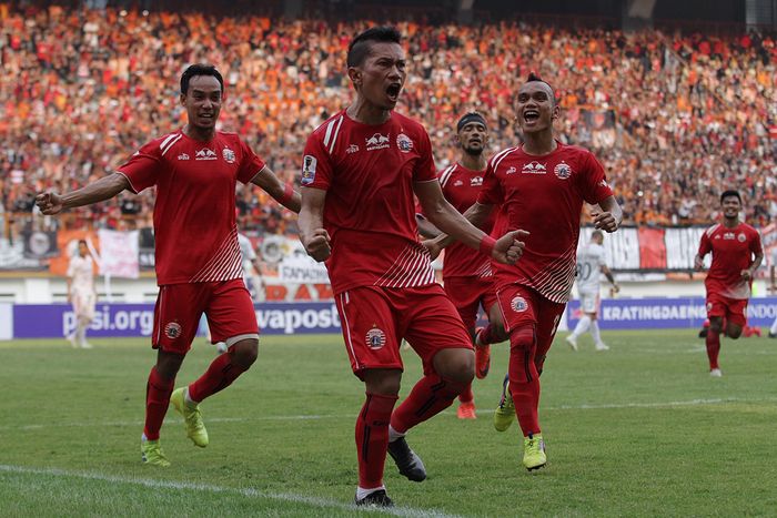 Pemain Persija Jakarta, Ismed Sofyan merayakan gol kegawang Bali United pada Kratingdaeng Piala Indonesia di Stadion Wibawa Mukti, Cikarang, Jawa Barat, Minggu (5/4/2019) dalam laga tersebut persija menang melawan Bali United dengan skor 1-0.