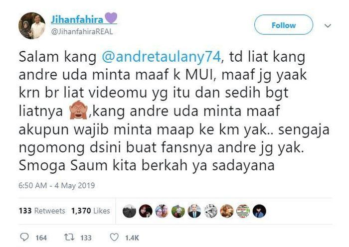 Cuitan Jihan Fahira dalam akun twitternya