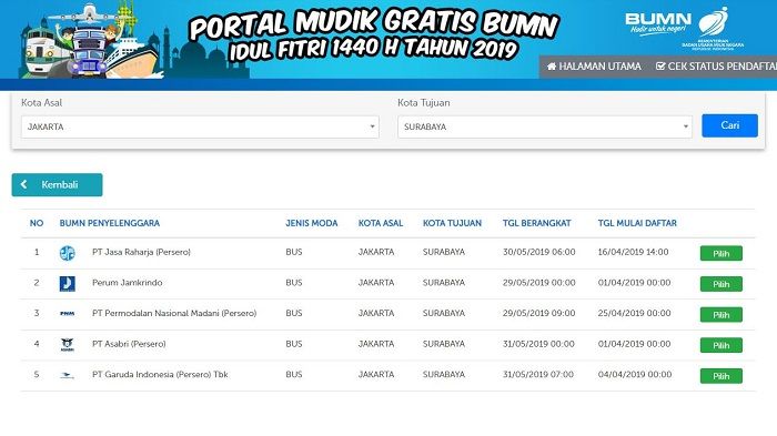 Tampilan portal mudik gratis BUMN 2019
