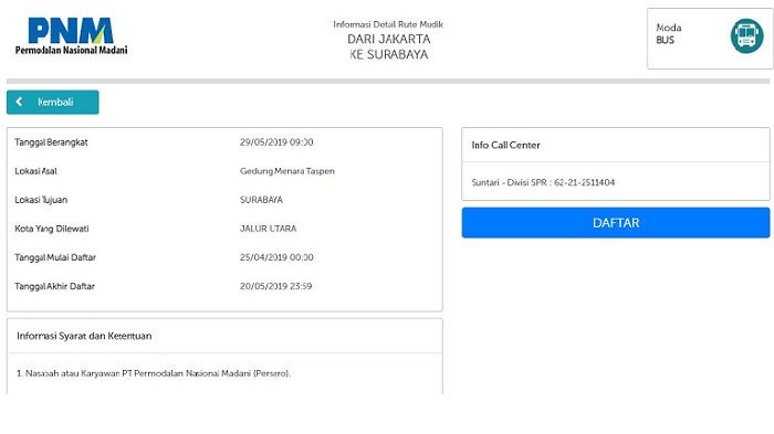 Tangkapan Layar program mudik gratis dari PNM