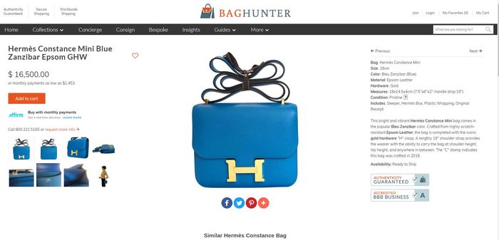 Hermes seri Constance Mini Blue Zanzibar Epsom GHW atau Gold Hardware