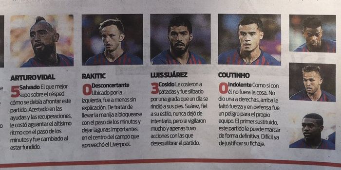 Surat kabar Sport memberi nilai nol terhadap Ivan Rakitic dan Philippe Coutinho dalam rapor pemain pertandingan Liverpool vs Barcelona untuk leg kedua semifinal Liga Champions.