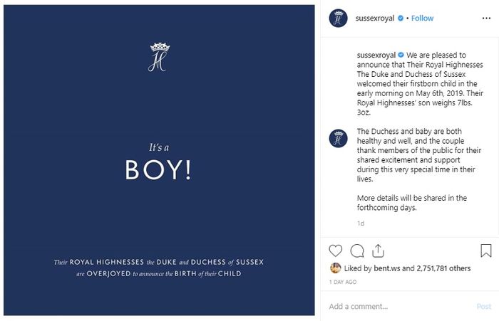 Akun Instagram resmi @sussexroyal mengumumkan kelahiran putra pertama Pangeran Harry dan Meghan Markle pada Senin (6/5/2019).