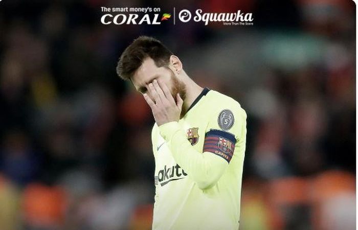 Ekspresi megabintang Barcelona, Lionel Messi, seusai laga leg kedua semifinal Liga Champions melawan Liverpool di Stadion Anfield, Selasa (7/5/2019).