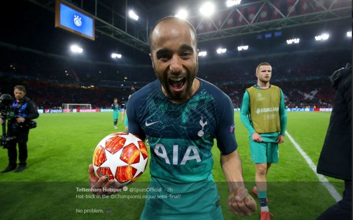 Penyerang Tottenham Hotspur, Lucas Moura, merayakan kemenangan atas Ajax Amsterdam dalam laga leg kedua semifinal Liga Champions di Stadion Johan Cruijff ArenA, Rabu (8/5/2019).