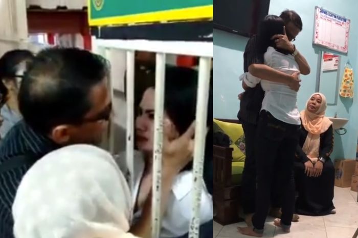 Vanessa Angel dan sang ayah saling berpelukan dibalik jeruji besi
