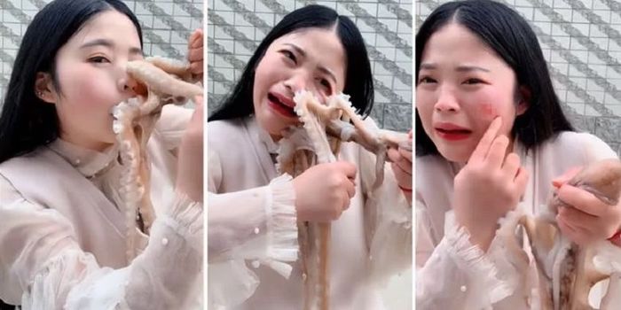 Tentakel gurita melekat kuat di wajah si wanita