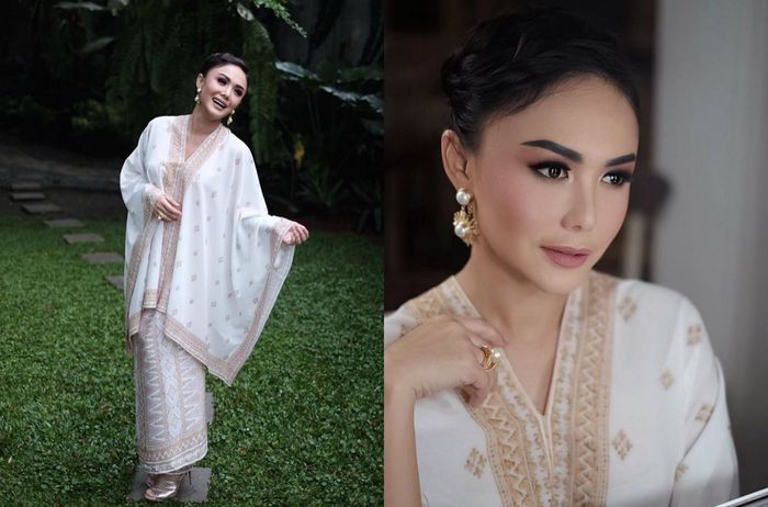 Yuni Shara memakai sarung tapis print