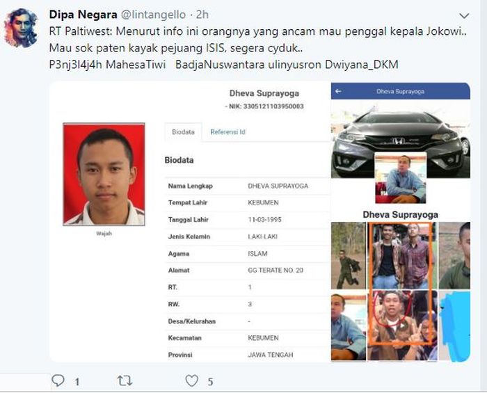 Tweet tuduhan pada Dheva Suprayoga melalui Twitter @lintanggello