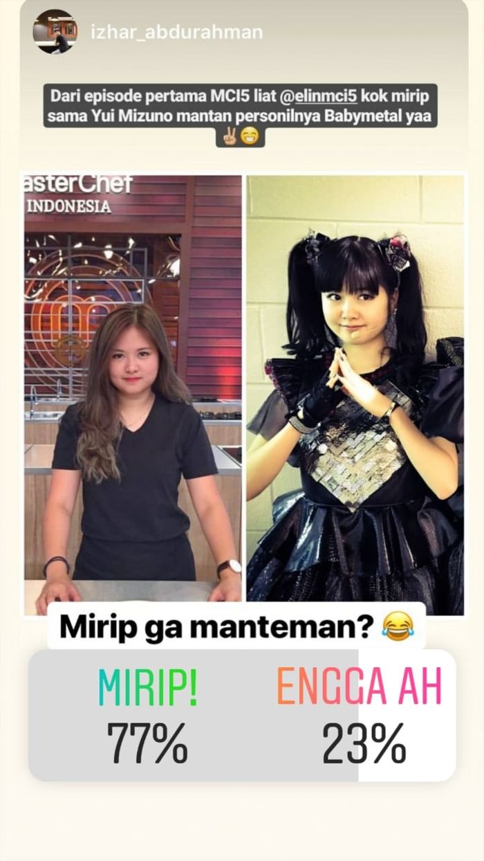 Hasil polling Instagramstory mengungkap kemiripan Elin Masterchef dengan Yui Mizuno.