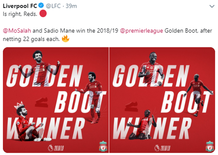 Dua pemain Liverpool, Mohamed Salah dan Sadio Mane, memenangi Sepatu Emas sebagai top scorer Liga Inggris 2018-2019.