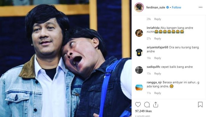 Postingan Sule yang menyatakan kangen kepada rekan kerjanya, Andre Taulany.