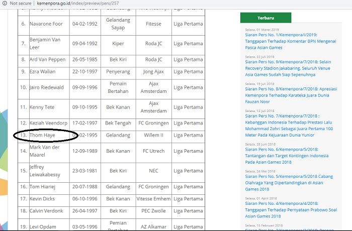 Siaran Pers Kemenpora pada April 2017 yang menunjukkan Thom Haye masuk daftar pemain yang sempat akan dinaturalisasi PSSI.