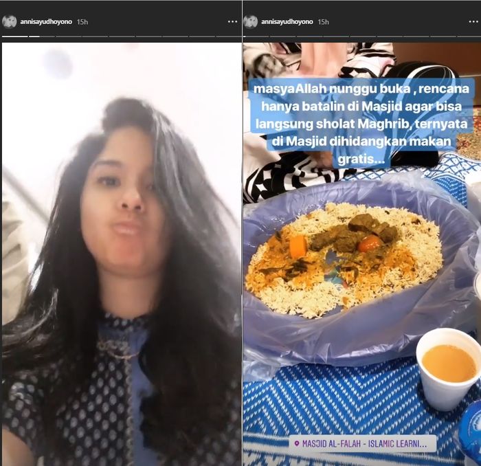Annisa Pohan tengah menikmati menu buka puasa di masjid dekat rumah sakit