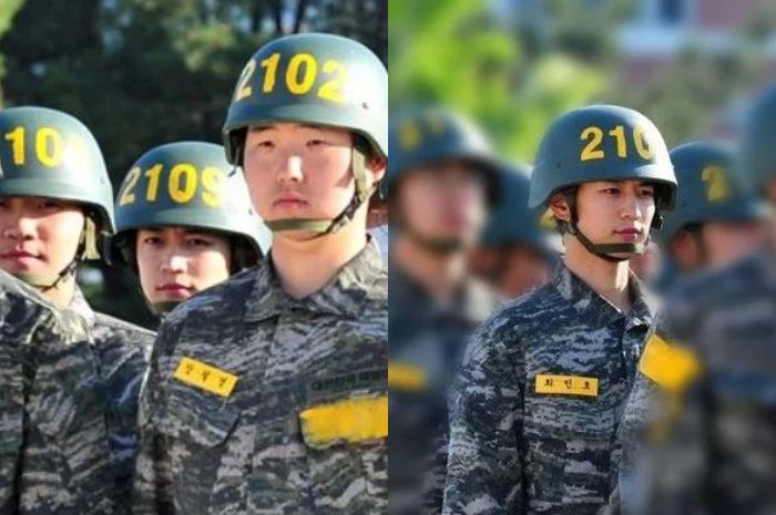 Minho berbaris dengan tentara lain saat tugas wajib militer.