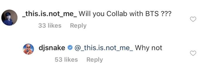 Postingan pertanyaan fans tentang kolaborasi bareng BTS.