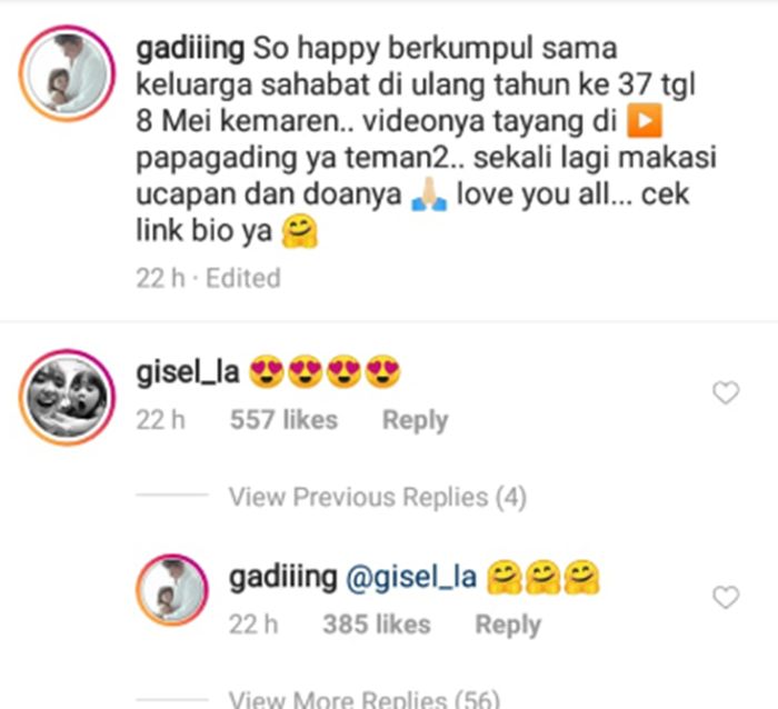 Gisel dan Gading saling membalas komentar