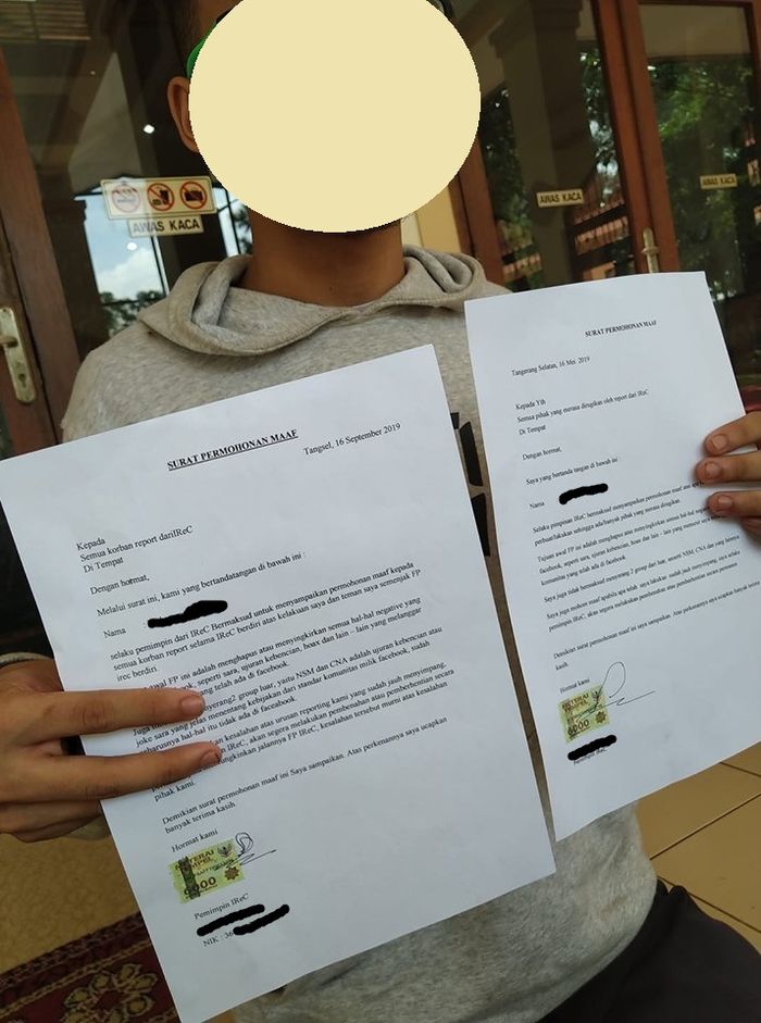 MS (18) beserta surat permohonan maafnya terkait aksi yang dilakukan.