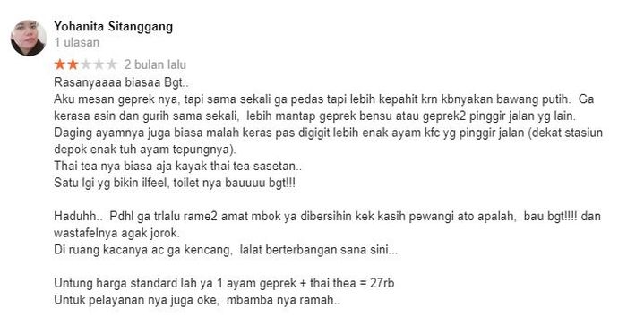 Tangkapan layar komentar pembeli soal warung ayam goreng milik Raffi Ahmad.
