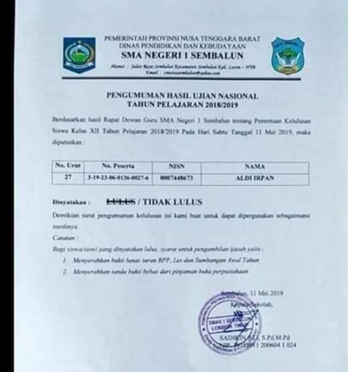 Surat pengumuman hasil ujian nasional milik Aldi Irpan yang beredar di Facebook.