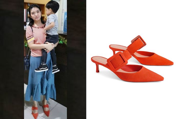 Koleksi sepatu branded Selvi Ananda - Zara Women Leather Heeled Mules with Maxi Buckle Detail