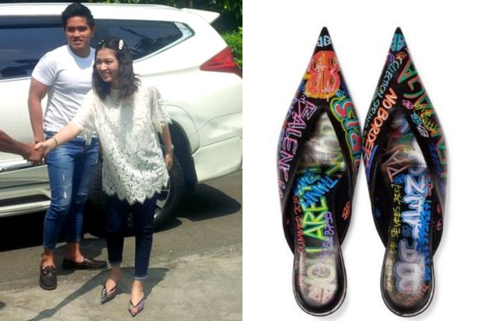 Koleksi sepatu branded <a href='https://manado.tribunnews.com/tag/selvi-ananda' title='Selvi Ananda'>Selvi Ananda</a> -Balenciaga Knife Graffiti Printed Leather Mules Heels Pumps