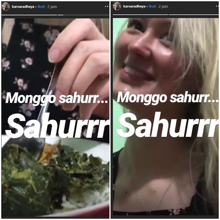 Polly sedang menyantap menu sahur bersama Nur Khamid