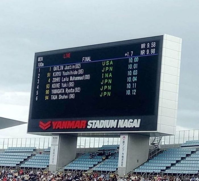 Hasil nomor lari 100 meter putra pada Golden Grand Prix 2019 di Osaka, Jepang. Sprinter Indonesia Lalu M Zohri menempati posisi ketiga dengan waktu 10,03 detik.