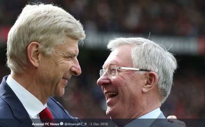 Pelatih legendaris Arsenal, Arsene Wenger  (kiri) dan eks manajer kawakan Manchester United, Sir Alex Ferguson.