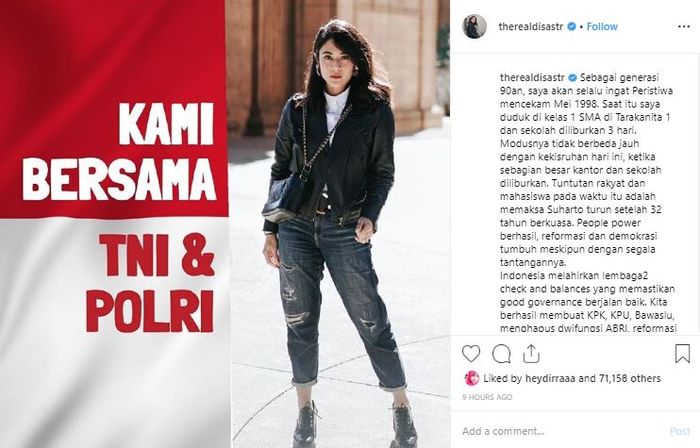 Dian Sastrowardoyo tunjukkan apresiasinya kepada para pasukan TNI dan Polri di aksi massa 22 Mei.